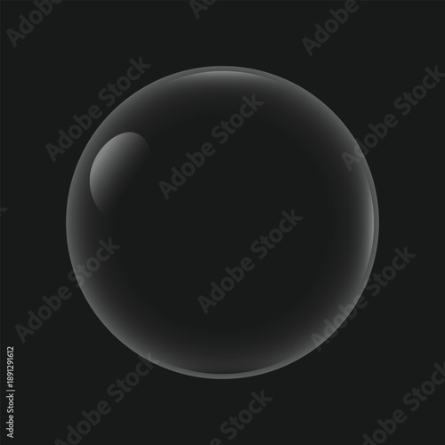 Glossy black sphere or bubble on a dark background, 3d rendering of a dark orb with reflections