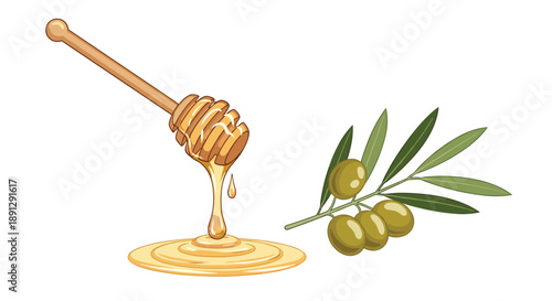 Honey wooden dipper with dripping golden nectar and an olive branch with green olives representing natural Mediterranean ingredients.
