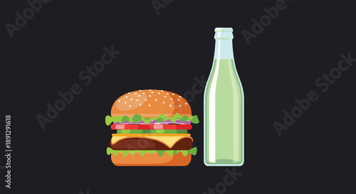 Tasty cheeseburger with sesame seed bun and fresh vegetables next to a glass bottle of soda on a dark background.