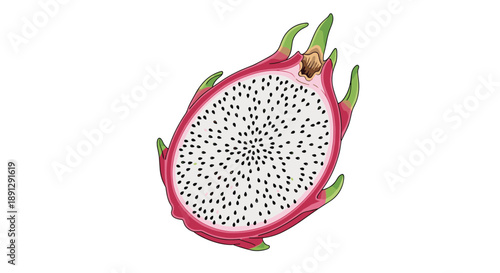 Half of a dragon fruit showing white pulp with black seeds and bright pink skin, a perfect exotic fruit illustration.