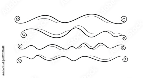 Set of elegant curly divider lines in simple black and white style, perfect for website design or document ornamentation.