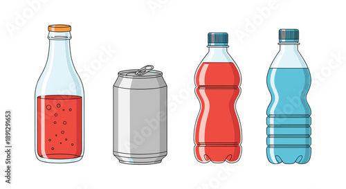 Different types of beverage containers including a glass bottle of red soda, an aluminum can, and two plastic water bottles.