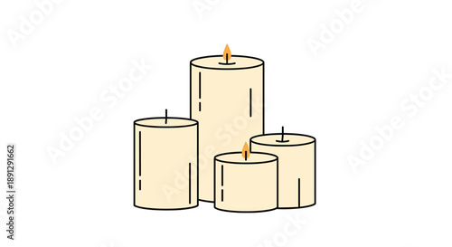 Group of four cream colored pillar candles of varying heights with bright flames, creating a warm and cozy atmosphere.