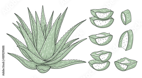 Detailed aloe vera plant illustration with several cross-section slices showing the clear inner gel on white.