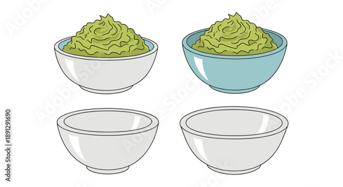 Set of four kitchen bowls including two filled with green guacamole dip and two empty ones in white and teal.