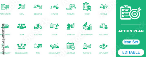 
Action plan icon set. featuring strategy, goal setting, task management, timeline, teamwork, development, and planning. Perfect for business, project management, productivity, and performance design.