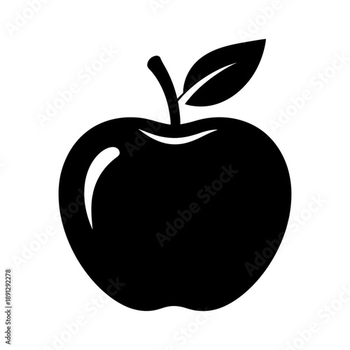 A strikingly simple black silhouette of a ripe apple with a single leaf and stem showcasing a classic fruit design silhouette high quality