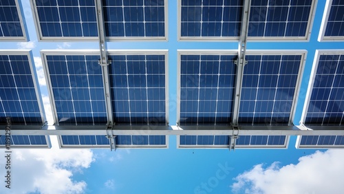 Array of solar panels under blue sky