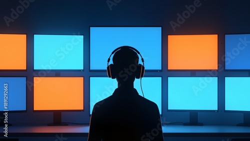 Silhouette of person with headphones in front of multiple screens