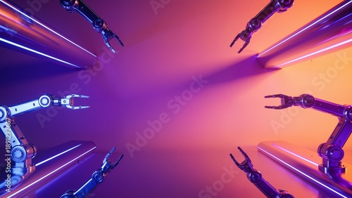 Robotic arms in neon light