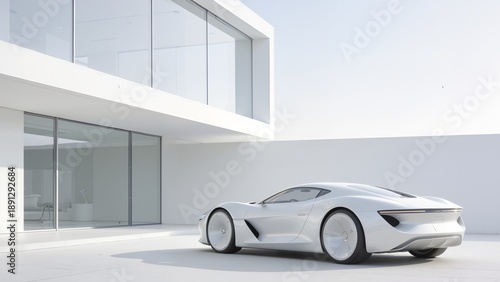 Modern white sports car in front of minimalist house