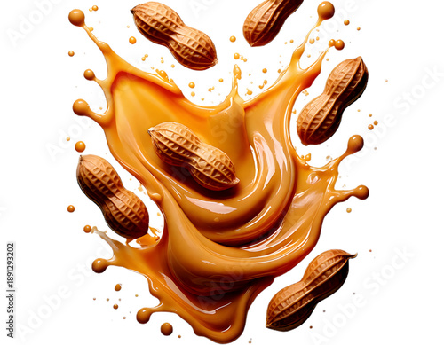Creamy peanut butter is splattered with peanuts, cut out