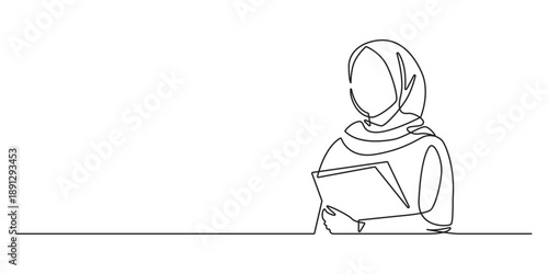 Abstract continuous line drawing of muslim woman teacher wearing hijab