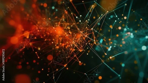 A complex network of interconnected nodes and lines glows in shades of orange and teal against black