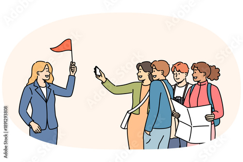 Crowd of tourists follows guide with red flag, telling about sights of city and interesting historical events. Happy tourists participate in group excursion while traveling around world