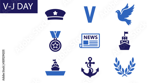 Blue icons related to VJ Day including a hat letter V dove medal news ships anchor and laurel wreath