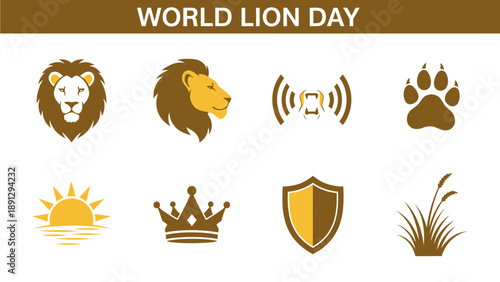 Brown and gold icons related to lions for World Lion Day