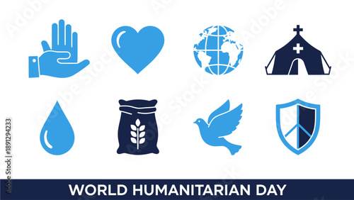 Blue icons representing humanitarian aid concepts above WORLD HUMANITARIAN DAY text