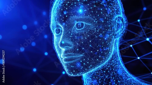 A digital representation of a human face composed of interconnected nodes glowing in a blue gradient