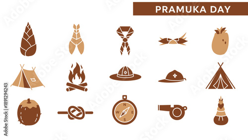 Collection of brown and tan icons related to camping and scouting under the text PRAMUKA DAY
