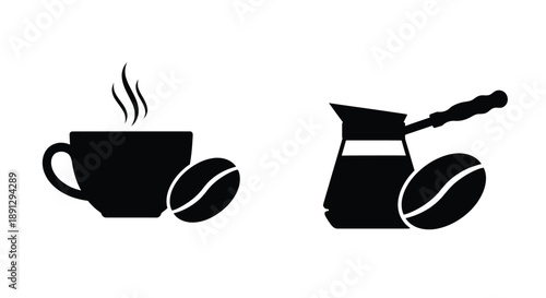 Coffee cup coffee pot and beans in a simple black silhouette design