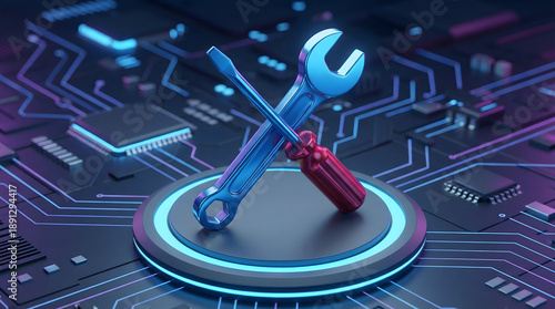 Blue wrench and red screwdriver crossed on glowing platform above dark circuit board with neon lines and microchips for tech service