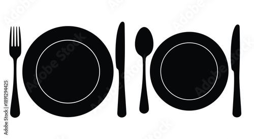 Black silhouette of plates cutlery and serving utensils arranged in a row