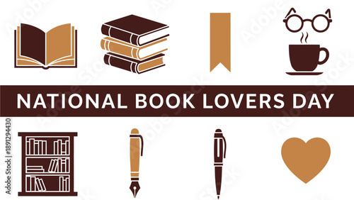 Graphic celebrating National Book Lovers Day with books bookmark coffee pens and heart icons