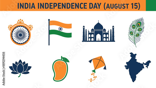 Graphic icons related to Indias Independence Day including symbols and landmarks