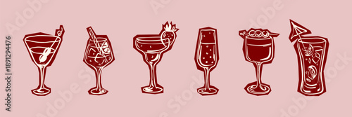 Hand drawn cocktail glasses set in doodle style. Elegant wine and mixed drink glasses. Vector illustration.