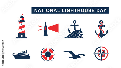National Lighthouse Day graphic featuring maritime icons in red white and dark blue