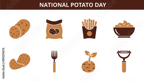 National Potato Day graphic with icons of potato products and tools