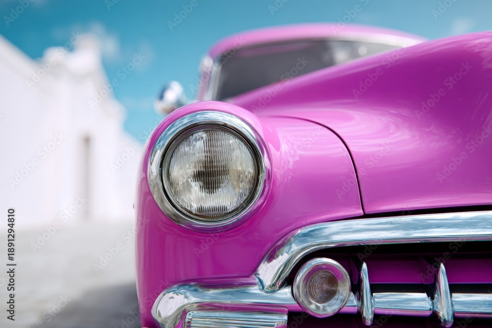 Fototapeta premium Bright pink classic car front headlight, chrome bumper, and fender shine under blue sky, evoking nostalgia and vintage charm, parked outdoors on sunny day