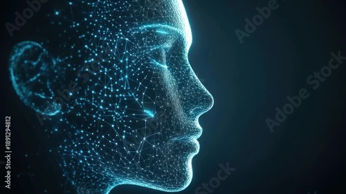 A glowing, network-like human profile, representing data and connections, against a dark backdrop