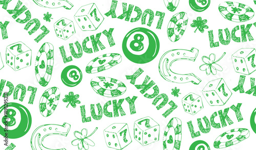 St.Patrick's Day, Lucky charm hand drawn doodle lettering pattern background. Lettering for t-shirt design, mug print, bag print, clothes fashion. 100% hand drawn vector image.
