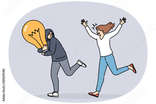 Theft of intellectual property from woman running after criminal with large light bulb symbolizing idea. Concept of copyright infringement and rules of use of intellectual property