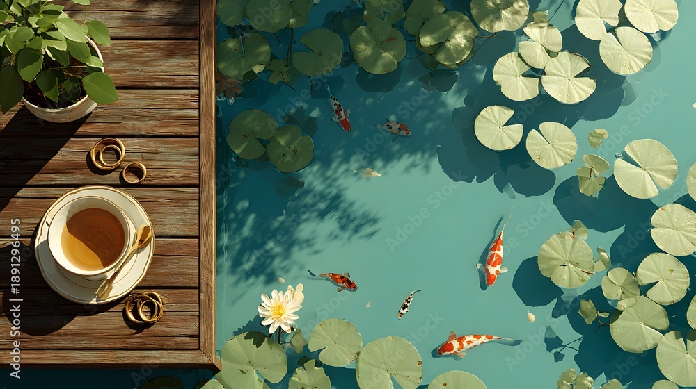 Fototapeta premium Serene wooden deck overlooks a calm pond with lily pads and koi fish, featuring a simple wooden table with a white tea cup and gold rings on top.