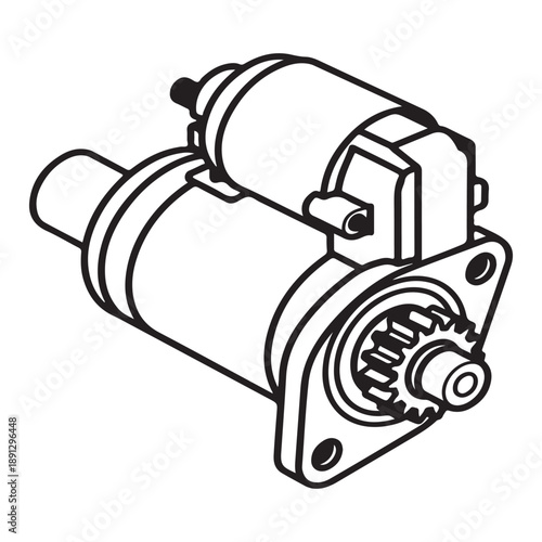 Automotive Starter Motor Icon: Engine Ignition System Line Art Vector