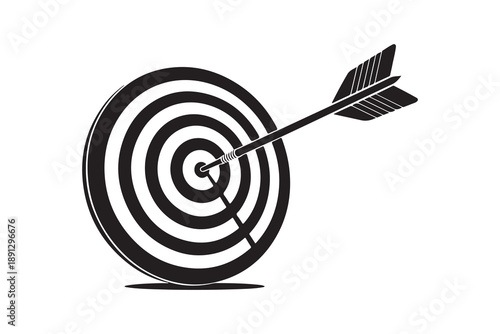 Black and white arrow hitting the bullseye on a target