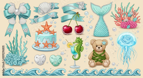 Mermaid Ocean Coquette Vector Set – Seashell Bows, Pearl Ribbons, Underwater Fantasy for Invitations