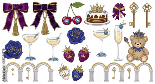 Royal Palace Coquette Vector – Velvet Bows, Gold Crowns, Jeweled Elements for Luxury Branding & Events