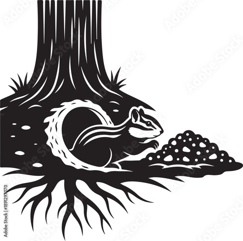 Black and white chipmunk near tree roots and pile of nuts animal rodent tree trunk de