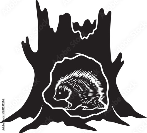 Black and white of a hedgehog inside a tree stump animal wildlife forest