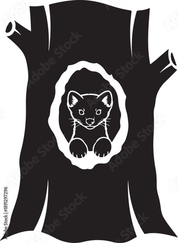 Black and white of a marten peeking out of a tree hollow animal trunk de