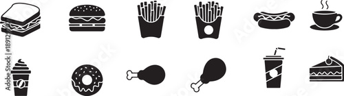 Collection of classic fast food icons in black and white style