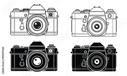 Collection of classic camera illustrations in black and white style