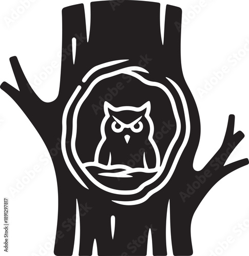 Black and white of an owl in a tree hollow nest bird desig