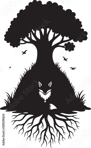Black silhouette of a fox in a den under a tree with roots and birds black and white