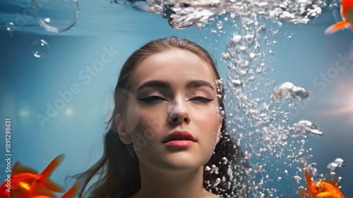 Young woman surrounded by goldfish and soap bubbles in an underwater scene with a blue background and a surreal atmosphere 170304(34)