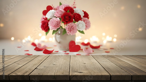 Beautiful bouquet of roses and carnations on wooden table